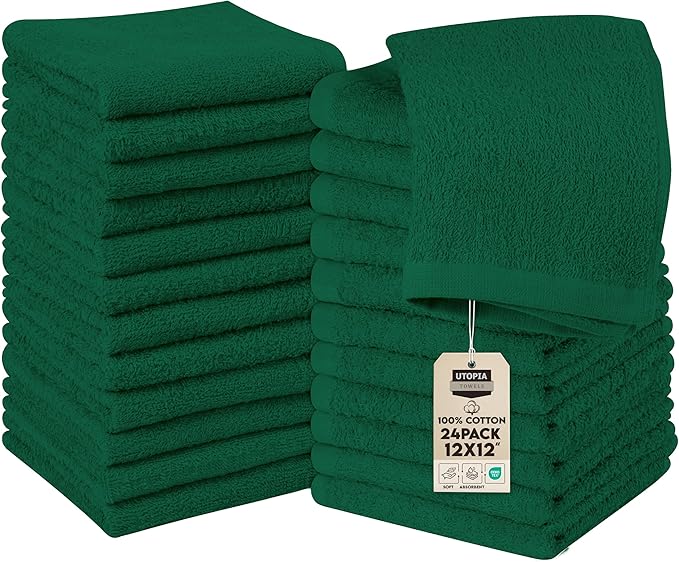 Utopia Towels 24 Pack Cotton Washcloths Set - 100% Ring Spun Cotton, Premium Quality Flannel Face Cloths, Highly Absorbent and Soft Feel Fingertip Towels (Hunter Green)