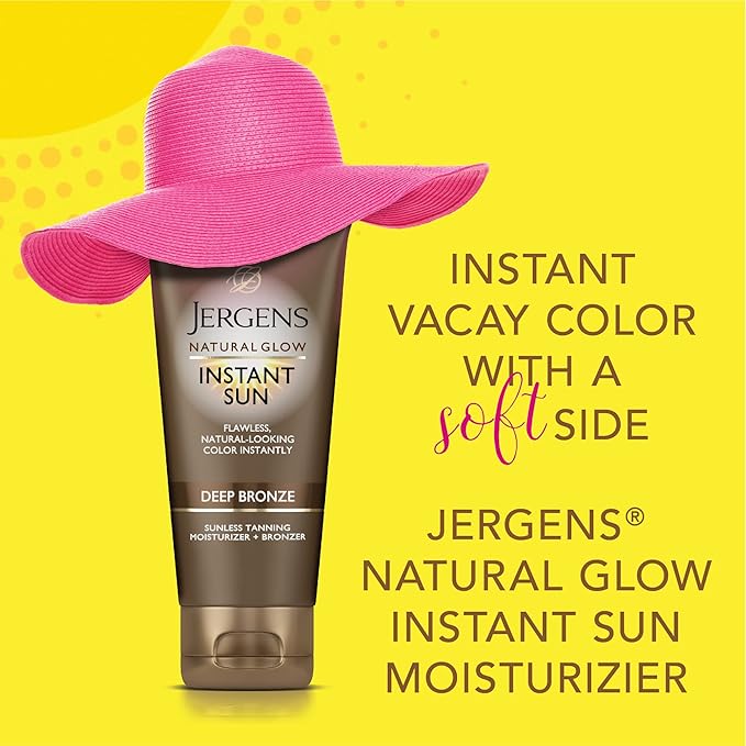 Jergens Natural Glow Instant Sun Tanning Moisturizer + Bronzer, Lightweight Sunless Tanning for Natural-Looking Color, Deep Bronze, 6 Oz