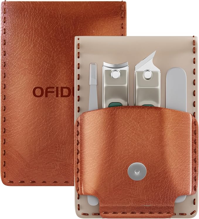 Nail Clippers Set Professional Stainless Steel Manicure Kit with Catcher, Curved & Oblique Clippers, Tweezers, and Nail File in Luxury Leather Case