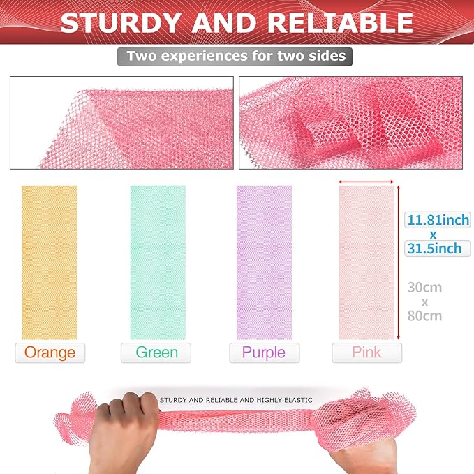4 Pieces Exfoliating Washcloth Shower Towel African Net Sponge Japanese Wash Cloth Face Exfoliating Sponge Loofah Exfoliating Body Scrubber for Body Exfoliation (Purple, Pink, Green, Orange)