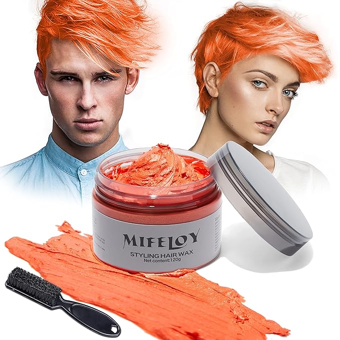 4.23 oz Temporary Orange Hair Spray Color Wax with Dye Brush, Instant Natural Hairstyle Cream, Disposable Coloring Mud for Women Men Youth, Washable Styling Pomades, Party Cosplay DIY Halloween