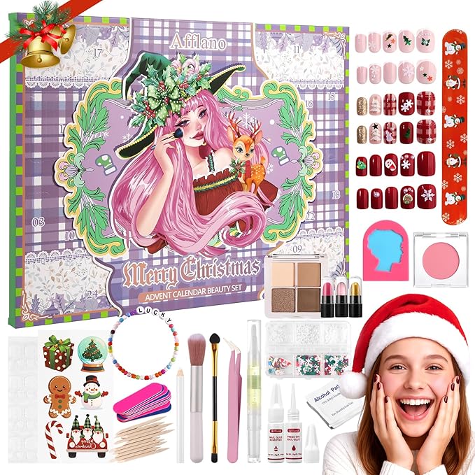 Makeup Advent Calendar 2025 Teens Girl, 24 Days Christmas Countdown Face Eyes Lip Nail Beauty Advent Calendar for Girls Women, 24 Pcs Xmas Holiday Makeup Gifts Sets, Festival Surprise Full Makeup Kits
