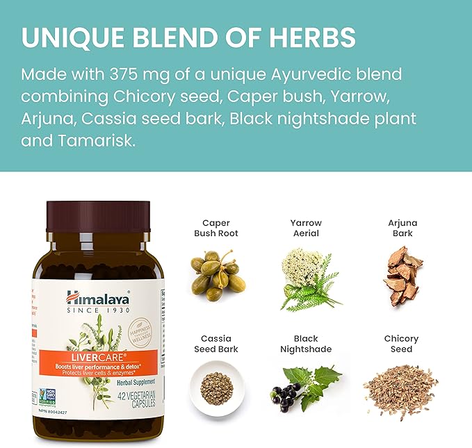 Himalaya LiverCare for Total Liver Support, Cleanse and Detox, Protects Cells & Enzymes, 375 mg, 42 Capsules, 3 Week Supply