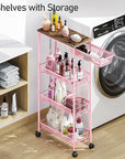 KINGRACK 4-Tier Slim Storage Cart, Metal Rolling Cart, Organizer with Wooden Tabletop and Drawer Basket, Mobile Shelving Unit for Kitchen, Bathroom, Laundry Room, Pink