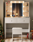 Haewon White Makeup Vanity Desk with Mirror and Lights, Small Vanity Table Set with Power Outlets, Storage Drawers and Chair, Dressing Table with 10 LED Bulbs and 3 Color Lighting Modes for Bedroom