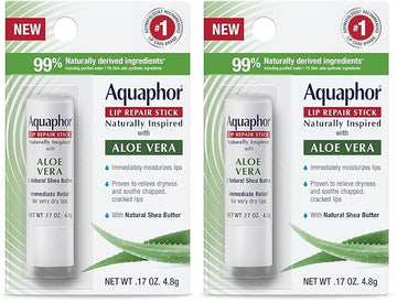 Aquaphor Naturally Inspired Lip Repair Stick with Aloe Vera and Natural Shea Butter, Hydrating Lip Balm Immediately Relieves Dryness, 0.17 Oz Stick (Pack of 2)