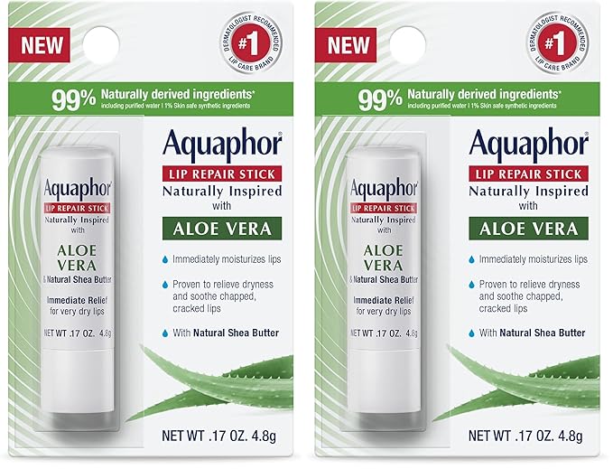 Aquaphor Naturally Inspired Lip Repair Stick with Aloe Vera and Natural Shea Butter, Hydrating Lip Balm Immediately Relieves Dryness, 0.17 Oz Stick (Pack of 2)