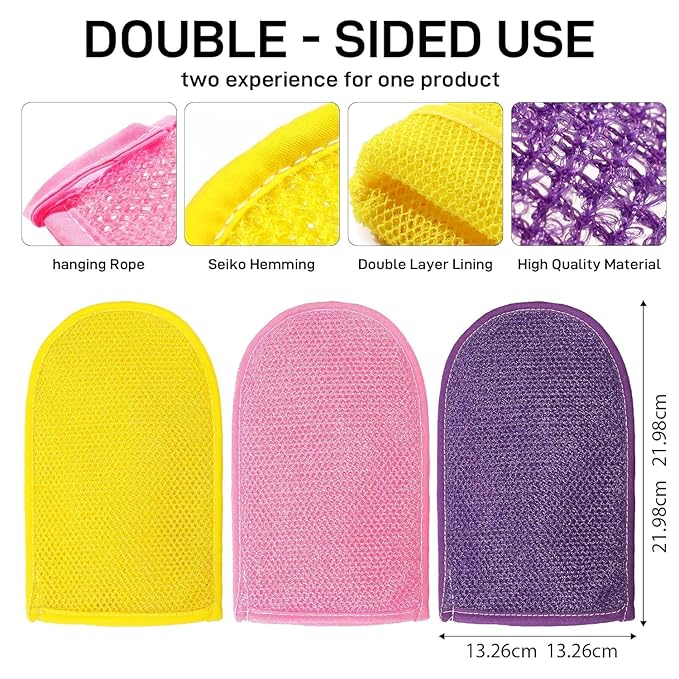 3 Pieces African Net Sponge Exfoliating Mitts Exfoliator Gloves Visibly Lift Away Dead Skin, Great for Spray Tan Removal or Keratosis PilarisExfoliating Mitts (Pink,Yellow,Purple)