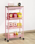 KINGRACK 4-Tier Slim Storage Cart, Metal Rolling Cart, Organizer with Wooden Tabletop and Drawer Basket, Mobile Shelving Unit for Kitchen, Bathroom, Laundry Room, Pink