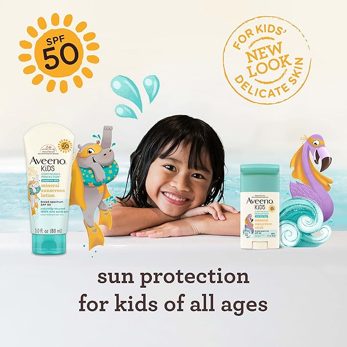 Aveeno Kids Continuous Protection Zinc Oxide Mineral Sunscreen Stick for Sensitive Skin, Face & Body Sunscreen Stick for Kids with Broad Spectrum SPF 50, Sweat- & Water-Resistant, 1.5 oz