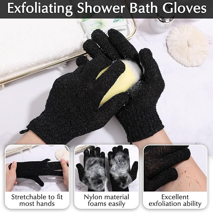 Anezus Exfoliating Back Scrubber Bath Gloves Set, Exfoliating Shower Towel with Shower Gloves for Body Scrub, Back Cleaner Wash Gloves to Remove Dead Skin (Black)