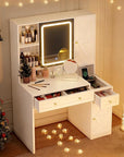 Pamapic Sliding Mirror Makeup Vanity with Lights, Glass Top Vanity Desk with Jewelry Cabinet, 3 Color Lighting Modes, 12 Compartments, 3 Drawers, Dressing Table with Power Outlet, White, Bedroom