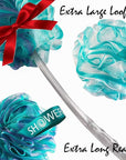 SHOWER BOUQUET 2-Sided-Loofah-Back-Scrubber & Bath-Sponge Set // 1-Long-Handle-Back-Brush Plus 2-Extra-Large 75g Soft Mesh Poufs, Men & Women - Exfoliate with Full Pure Cleanse in Bathing Accessories