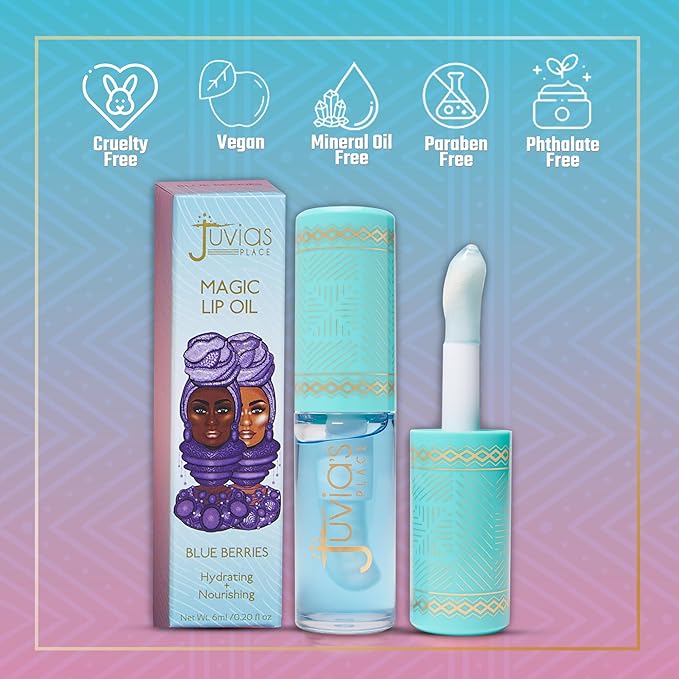 Juvia's Place Magic Lip Oil - Blue Berries - Smooth, Hydrating w/Vitamin E for Soft, Glossy, Juicy Lips - Infused with Fruit Extracts - Tinted, Shimmering, Lightweight & Non-sticky Lip Oil for Summer