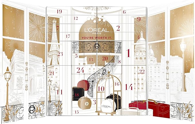 L'Oreal Paris 24 Day Beauty Advent Calendar 2025, Holiday Gift Set Includes Deluxe-Sized and Miniature Makeup, Skincare and Haircare Products