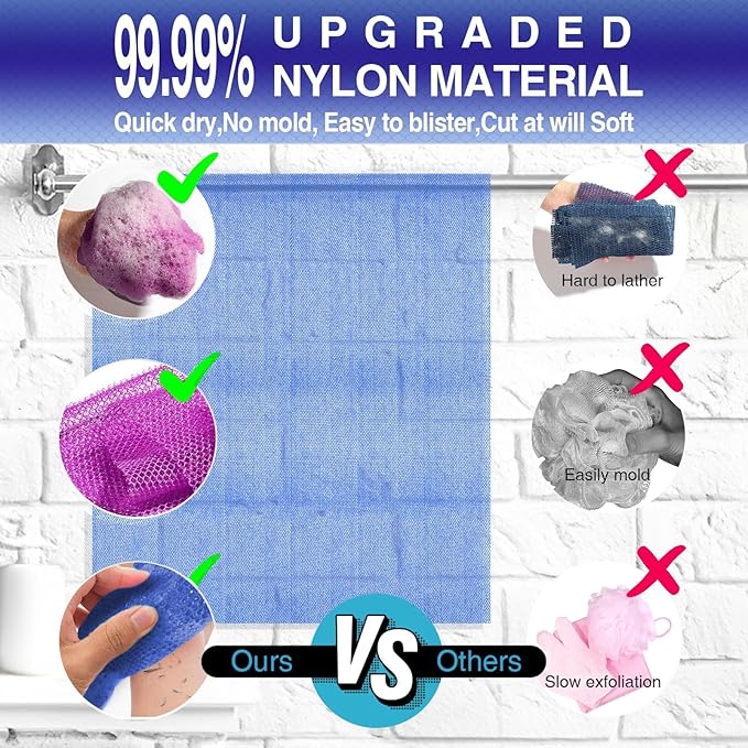 4 Pieces Exfoliating Washcloth Shower Towel African Net Sponge Japanese Wash Cloth Face Exfoliating Sponge Loofah Exfoliating Body Scrubber for Body Exfoliation (Blue, Green, Purple, White)