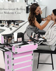 5 in 1 Professional Makeup Train Case Aluminum Cosmetic Case Rolling Makeup Case ExtraLarge Storage Organizer with Key Swivel Wheels Salon Barber Case for Make Up Nail Hairstylists, Pink