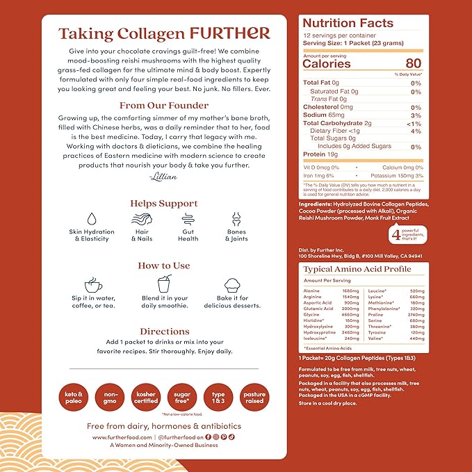 Further Food Chocolate Collagen Peptides Powder Stick Packs, Grass-Fed Pasture-Raised Hydrolyzed Type 1 & 3 Protein, Gut Health + Joint, Hair, Skin, Nails, Paleo Keto Sugar-Free 9.74 oz