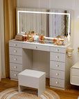 Pamapic Glass Top Vanity Desk with Crystal Handles, 11 Drawers Makeup Vanity with Mirror and Stool, 3 Lighting Modes Dressing Table, Power Outlet, Silent Slides, White