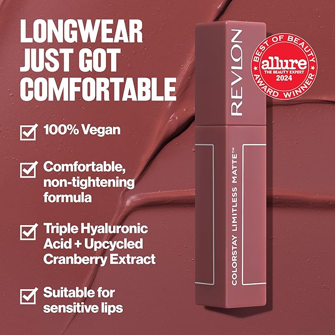 Revlon ColorStay Limitless Matte Liquid Lipstick, Vegan Formula, No-Budge, Longwear Lip Color, Long Lasting, Lightweight/Comfortable, Waterproof, 002 Poster Child, 0.17 fl oz