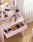 LIKIMIO Small Makeup Vanity Desk with Mirror and Lights, Vanity Table Set with Storage Drawer, Chair and Three Shelves, Bedroom, Pink