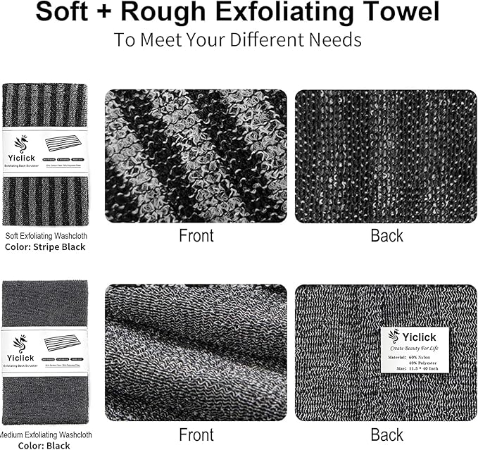 Yiclick Exfoliating Body Scrubber, Back Scrubber for Shower Bath, Japanese Scrub Wash Cloth, Exfoliating Washcloth Towel for Men Women, Body Exfoliator Loofah Luffa Sponge Net Rag Back Washer (Black)