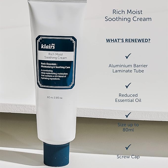 DearKlairs Rich Moist Soothing Cream 80ml, Repair Skin Barrier, Sensitive Skin, Hypoallergenic, Centella Asiatica, Ceremide, Moisturizer, Full Hydration, Non-sticky texture, Korean Moisturizer