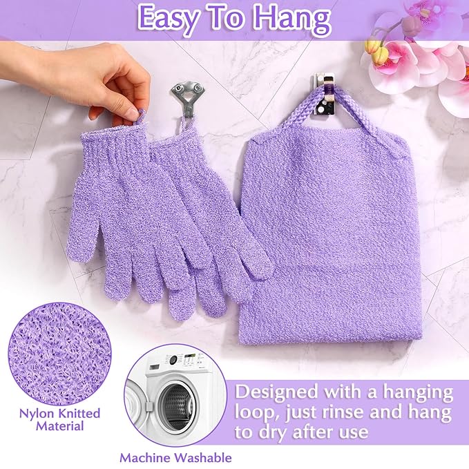 Anezus Exfoliating Back Scrubber Bath Gloves Set, Exfoliating Shower Towel with Shower Gloves for Body Scrub, Back Cleaner Wash Gloves to Remove Dead Skin (Purple)