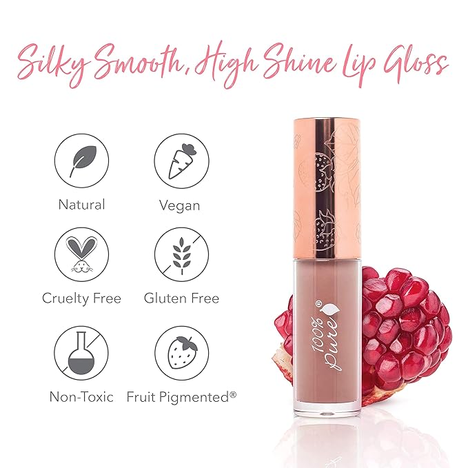 100% PURE Lip Gloss (Fruit Pigmented), Pink Caramel, High Shine, Moisturizing, Natural Lip Gloss, Sheer Finish, Tinted Lip Gloss w/Cocoa Butter, Vitamin E (Nude Rosy Brown Color) - 0.14 Fl Oz