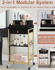 Large Makeup Organizer Cart with Hair Tool Holder, Rolling Makeup Cart with Drawer, 2-in-1 Vanity Organizer Cosmetic Display Cases for Skin Care Perfume Nail Polish Brush Tools, Gold & Black