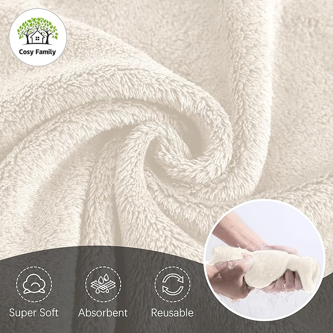 Cosy Family 24 Pack Soft Washcloths Set - 12 x 12 inches, Quick Drying - Highly Absorbent Coral Velvet Fingertip Towel Bathroom Wash Clothes for Bath, Spa, Facial, Kitchen - Cream