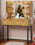 YESHOMY Vanity Desk with Mirror, Makeup Table with 2 Large Drawers, Power Outlet and Round Holder, 3 Color Modes Adjustable Bulb, Brown
