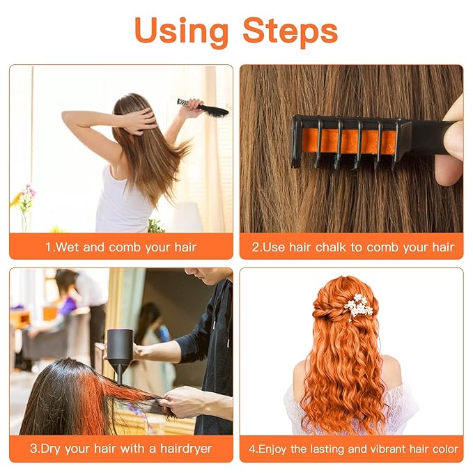 New Hair Chalk Comb Temporary Bright Hair Color Dye for Girls Kids, Washable Hair Chalk for Girls Age 4 5 6 7 8 9 10 Birthday Cosplay DIY Halloween, Christmas (Orange)