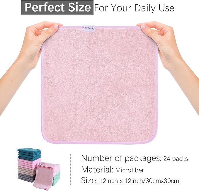 Cosy Family 24 Pack Soft Washcloths Set - 12 x 12 inches, Quick Drying - Highly Absorbent Coral Velvet Fingertip Towel Bathroom Wash Clothes for Bath, Spa, Facial, Kitchen - Light Color
