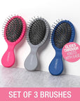Conair Detangling 3PK mini hair brush - use wet or dry - ideal for curly or straight styles - detangler hairbrush - hairbrushes for women - great for travel - Pink, Grey, Blue