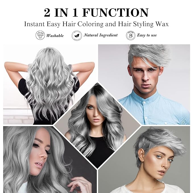 Temporary Silver Gray Hair Spray Color Wax with Dye Brush, Instant Natural Hairstyle Cream 4.23 oz, Disposable Coloring Mud for Men Women Youth, Grey Styling Pomades, Party Cosplay DIY Halloween
