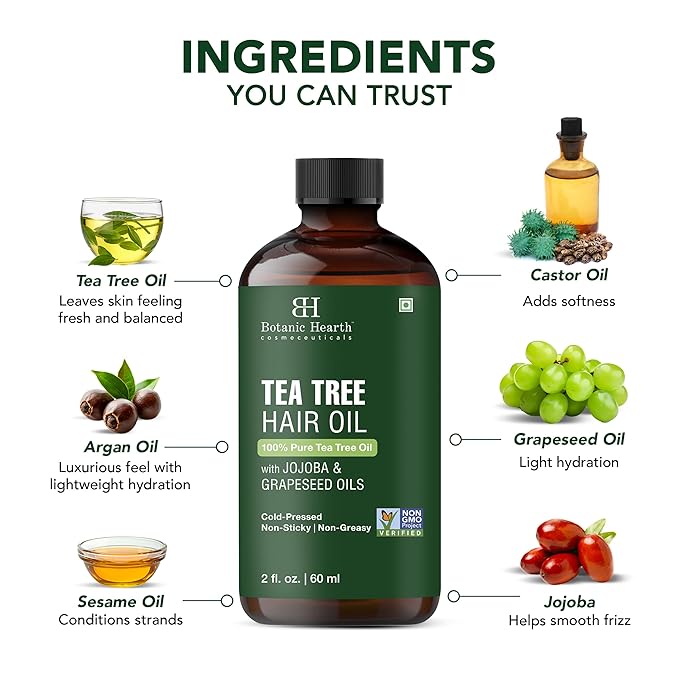 Botanic Hearth 100% Pure Tea Tree Oil For Hair Growth | Infused with Jojoba & Grapeseed Oils | Hair Oil Repairs Dry Damaged Hair, Strengthening, Healthier - Hair Tonic, 2.0 fl oz