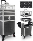 4 in 1 Rolling Makeup Train Case Professional Cosmetic Trolley Cart Travel Nail Cart Organizer with Wheels Transparent Acrylic Panel for Makeup Hair Stylists Nail Tech (Black Crystal)