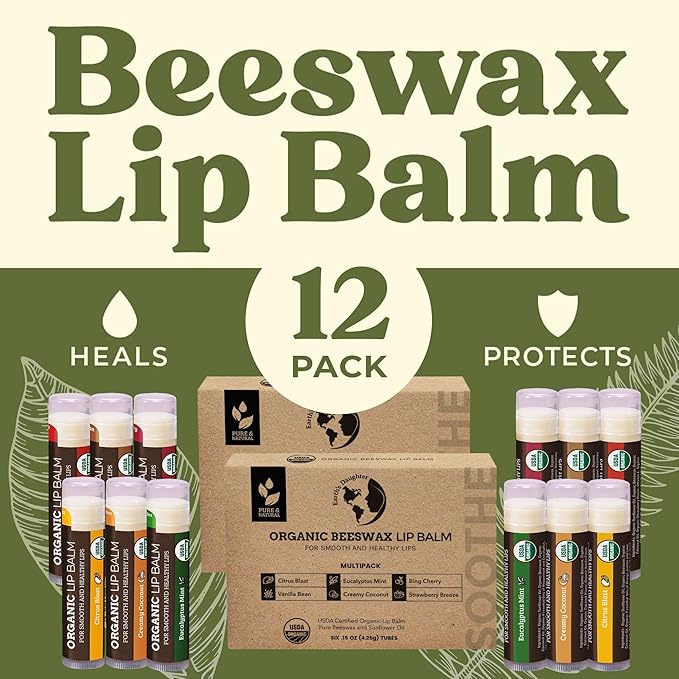 Earth's Daughter USDA Organic Lip Balm 12-Pack (2x 6-Packs) - Fruit Flavors, Beeswax, Coconut Oil, Vitamin E - Best Lip Repair Chapstick for Dry Cracked Lips - Moisturizing Lip Care