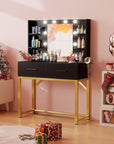 Furmax Vanity Desk with Mirror and LED Light Bulb, Small Makeup Vanity Table with Drawers, Dressing Table with Power Outlet and Hair Drayer Holder for Bedroom (Black & Gold)