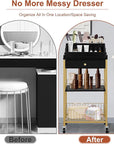 Large Makeup Organizer Cart with Hair Tool Holder, Rolling Makeup Cart with Drawer, 2-in-1 Vanity Organizer Cosmetic Display Cases for Skin Care Perfume Nail Polish Brush Tools, Gold & Black