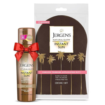 Jergens Natural Glow Instant Sun Self Tanner Mousse Bundle, Light Bronze, Sunless Tanning, 6 Oz Bottle and Application Mitt