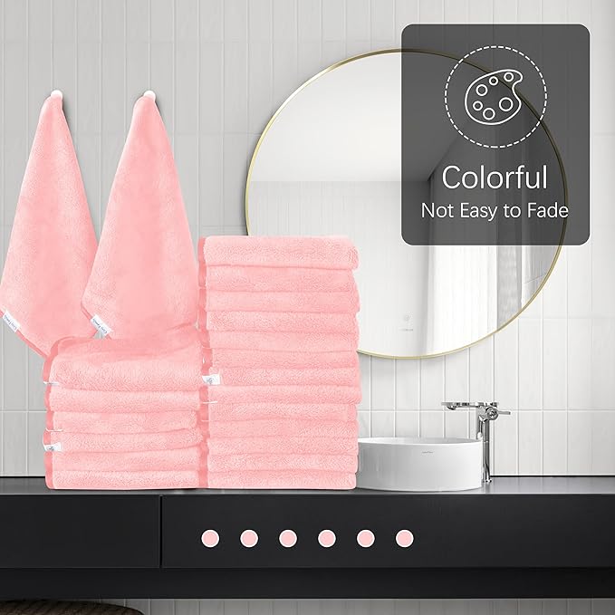Cosy Family 24 Pack Soft Washcloths Set - 12 x 12 inches, Quick Drying - Highly Absorbent Coral Velvet Fingertip Towel Bathroom Wash Clothes for Bath, Spa, Facial, Kitchen - Pink