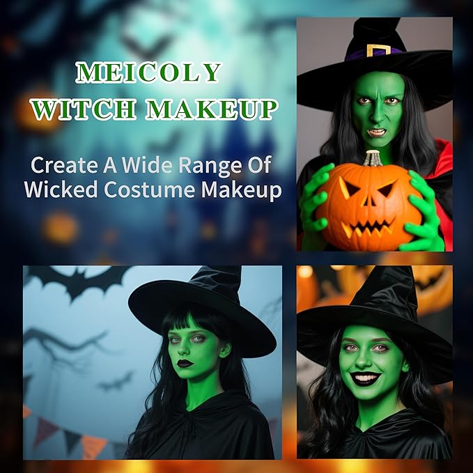 MEICOLY Complete Green Witch Makeup Kit,Wicked Costume Halloween SFX Frankenstein Makeup Set,Elphaba Green Face Paint for Character Cosplay Stage Performance Theater,Setting Powder,Yellow Face Paint