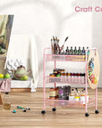 TOOLF 3 Tier Rolling Utility Cart - Durable Metal Design Pink Utility Cart, Storage Trolley on Wheels with 3 Hooks, Perfect for Kitchen, Bathroom & Laundry Room Organization
