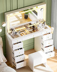 11 Drawers Glass Top Vanity Desk with Chair, Crystal Handles Makeup Vanity with Mirror and Lights, Dressing Table with Power Outlet, Adjustable Lighting Modes, White