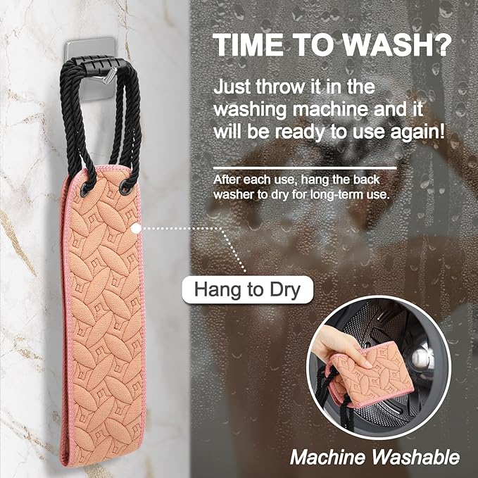 Exfoliating Back Scrubber for Use in Shower, 38.5 Inch Back Washer with Handles, Dual-Sided Body Exfoliator for Daily & Deep Skin Cleaning, Bath Back Scrub Washcloth for Men & Women (Pink)