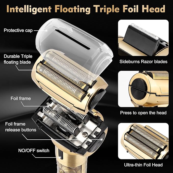 Professional Hair Clippers for Man,Electric Shavers Razor T-Blade Hair Trimmer, Men’s Grooming Kit Cordless Barber Trimmer Bald Shavers with 4 Guides & 3 Foil Head (Bronze)