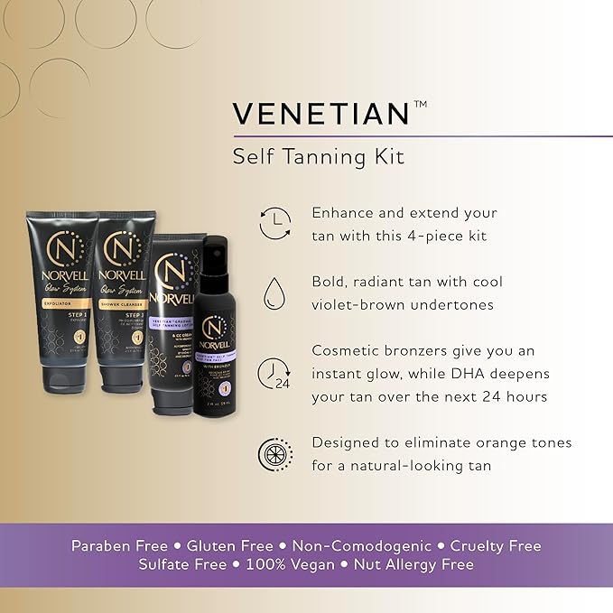 Norvell Venetian Self Tanner Maintenance Kit – Enhance Your Tan with Sunless Exfoliator 2.5 oz, Facial Tanning Mist 2 oz, pH Balancing Cleanser & Gradual Tanner 2.5 oz