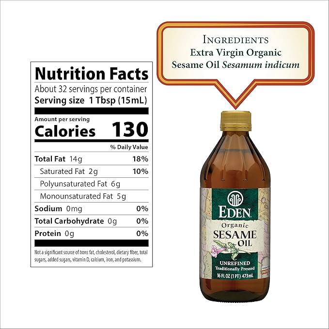 Eden Organic Sesame Oil, Unrefined, Extra Virgin, Traditionally Pressed, 16 fl oz Glass Bottle